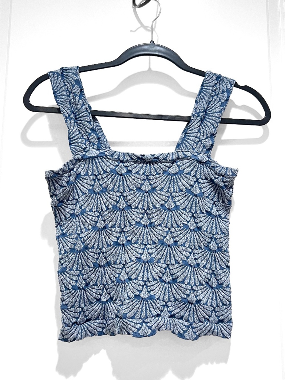 Y2k Jacquard Textured Crop Tank Top Indigo Blue Square Neck stretchy Cami M/L